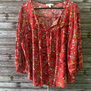 Weekend Suzanne Betro Women's Long-Sleeved Blouse Size 2X Red Butterfly Tie Lace